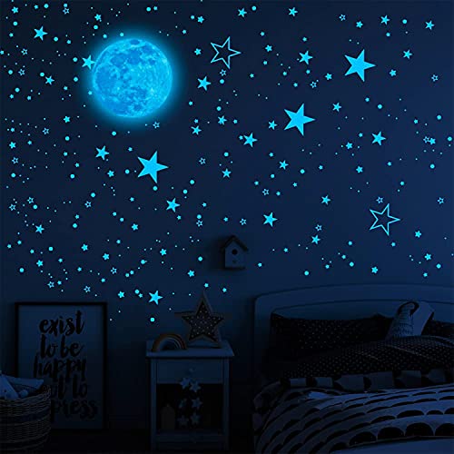 Glow in The Dark Stars for Ceiling, 1049 pcs Glow in The Dark Stars and Moon Wall Decals, Bright and Realistic Stars and Full Moon for Starry Sky, Perfect for Kids Bedroom and Kids Birthday Gift (Sky Blue)