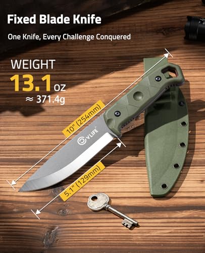 CVLIFE Fixed Blade Knife with Sheath, 5.1\" Full Tang D2 Steel Hunting Knife for Men, Heavy Duty Bushcraft Survival Gear, Outdoor Camping Tools, Non-Slip Nylon Fiberglass Handle, Green