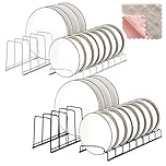 Joyseedi 4 PCS Plate Rack for Cupboard - Plate Organiser for Kitchen Cupboard with Rag, Stainless Steel Plate Storage Dish Drying Rack for Pot Lids, Plates, Cutting Boards, Bakeware