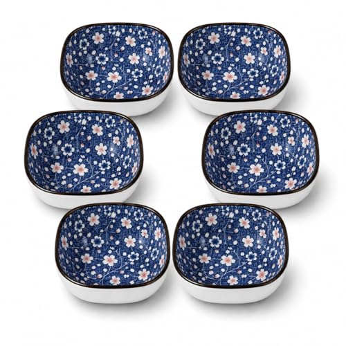 Image of YELONA Japanese Ceramic Bowl Set of 6 | 200ml Blue Floral Porcelain Elegant Serving Bowl for Rice, Soup, Snacks & Dessert | Ceramic Dinner Set for Gifting - (Midnight Sakura)