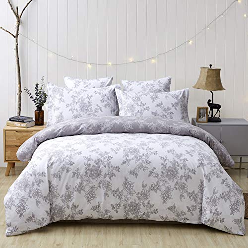 FADFAY Reversible Duvet Cover Set Vintage Floral 100% Cotton Soft Hypoallergenic Grey