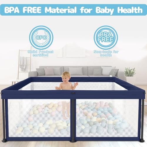 TOREVSIOR Foldable Baby Playpen with Mat, 50"×50" Collapsible Play Pen for Babies and Toddlers, Indoor & Outdoor Kids Safety Play Pen, Portable Play Yard, Foldable Baby Playpen with 50 Ocean Balls