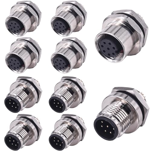 Image of Lonlonty M12 8 Pin Connector Kit, A-Coded IP67 Waterproof Panel Mount Socket & Plug, Solder Cup Circular Connector Male and Female Set for Sensors & PLC (5 Pairs)