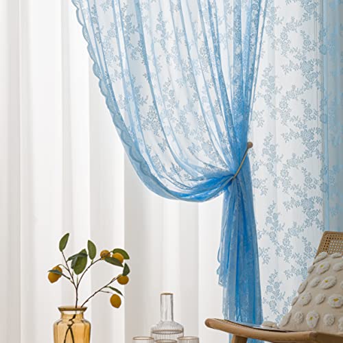 Sutuo Home Blue Lace Curtains 84 Inches Long, Set Of 2 Sheer Window Curtain Panels Floral Embroidery Vintage Voile Window Panel Treatment Pair For Bedroom Living Room Kitchen Rod Pocket W57 X L84 #TOP3