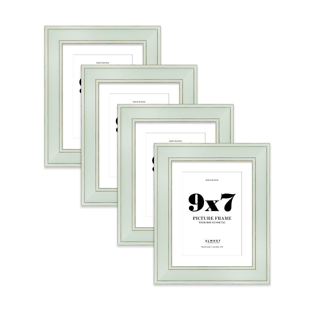 9x7" Sage Green Picture Frame with 7x5" Mount - Shabby Chic Photo Frame with Distressed Finish, Gold Trim, Wall Hooks and Kickstand, 37mm Edge - 4 Pack