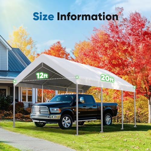 Image of ADVANCE OUTDOOR 12x20 ft Carport Replacement Top Cover, Heavy Duty Waterproof & UV Protected, Easy Installation with Ball Bungees, White, Roof Only