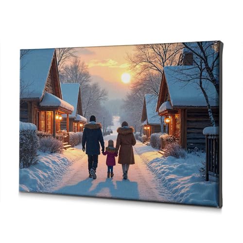 Toile paysage enneigé au coucher du soleil tableau rustique de 20x30 cm