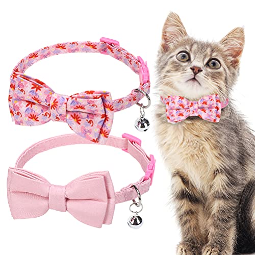 PAWCHIE Bow Tie Cat Collar with Bell - 2 Pack Adjustable Breakaway Cute Kitten Collars with Detachable Bowtie, Kitty Safety Collars