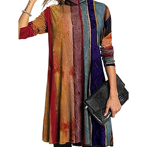 Women Loose Fit Casual Dress Half High Collar Long Sleeve Printed Dress S-5XL Cover