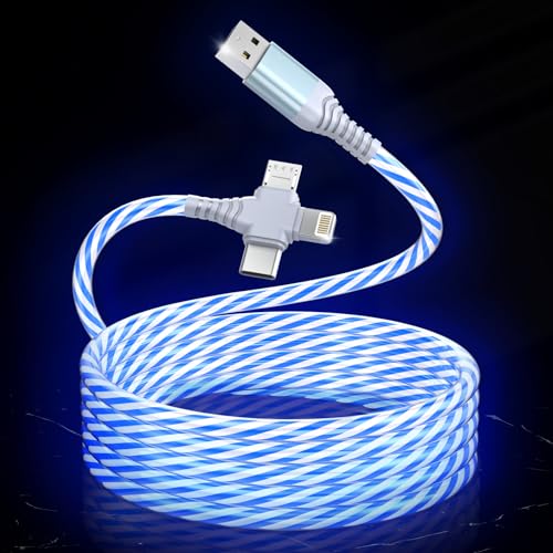 Multi Charger Cable, 4 in 1 Light USB Fast Charging Cord Led Nylon Braided with iPhone Type C Micro USB Connector, for Phone, Samsung Galaxy S22 S20 S10 S9 Plus, Huawei, Sony, Moto, Xiaomi, LG, PS5