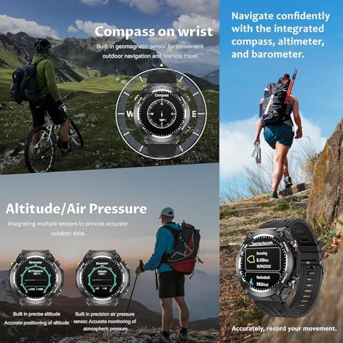 Image of Shyenah KC82 Adventure GPS Smartwatch-1.45 HD| Military Design, 1ATM Water Resistant | Compass, Altimeter & Barometer| HR, BP & SpO2 Monitoring| Bluetooth Calling|Huge 650mAh Battery(Camouflage Black)