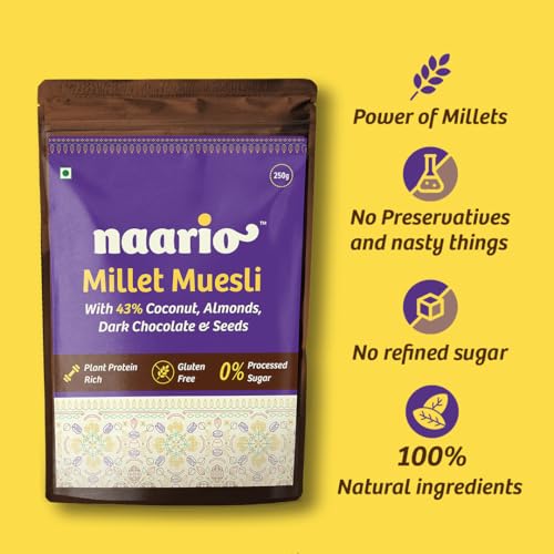 Image of Naario Chocolate Millet Muesli | Jowar-Based Gluten-Free Breakfast | Zero Added Sugar | Low GI | Diabetic Friendly | Keeps Full 4 Hours | No Oats No Wheat | Ready in 2 Min | 500g