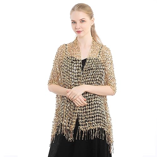 Delicate Tassels Trim Shawl for Ladies r Lightweight Shawls Wedding Party Anti-uv Scarf with Shinning Sequins Gold