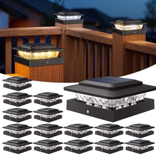 kolpop 4x4 Solar Post Cap Lights Outdoor 16Pack- 3 Color Temperatures& 2 Level Brightness, IP65 Waterproof, 16 LED Black Fence Deck Post Light Solar Powered for Wood/Vinyl Posts