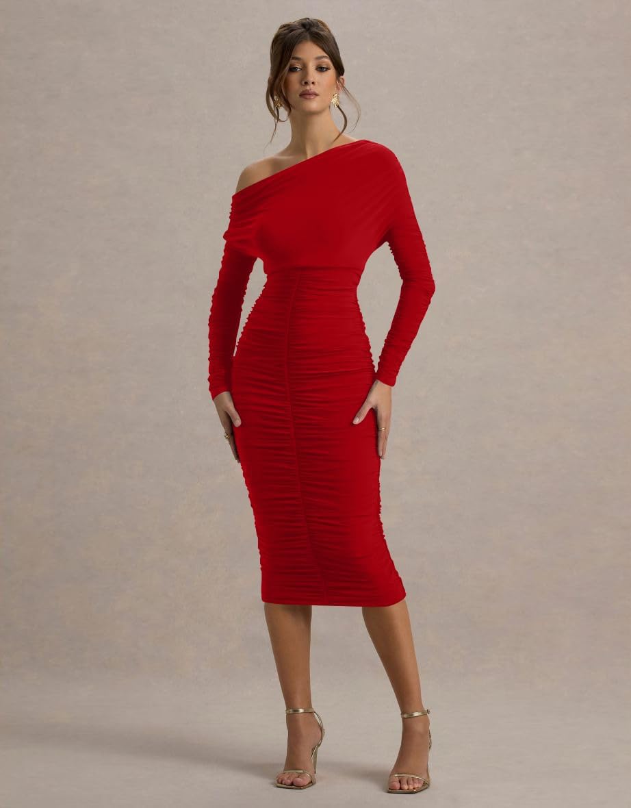 LAGSHIAN Women's Elegant Bodycon Long Sleeve Midi Dress Fall Off The Shoulder Ruched Cocktail Party Dresses - Image 2