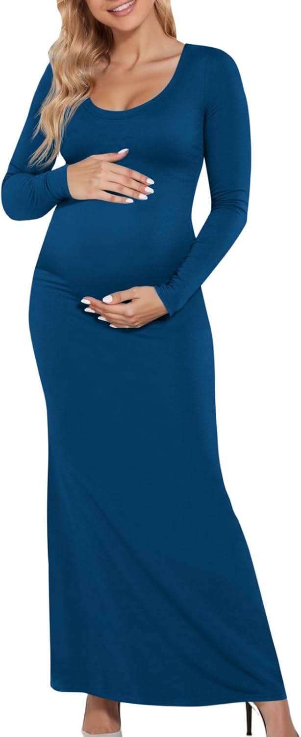 Yousify Womens Scoop Neck Maternity Maxi Dress Split Long Sleeve Slim Fit Split Casual Pregnancy Clothes for Baby Shower