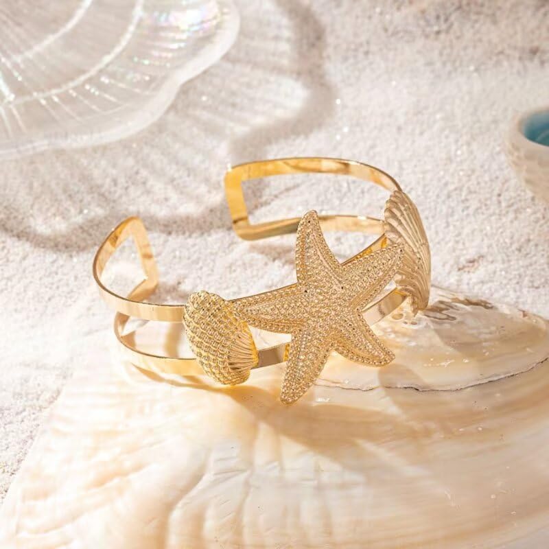 Gold Plated Starfish Shell Arm Cuff - Elegant Adjustable Upper Arm Bracelet - Ocean Armband for Women - Summer Beach Jewelry - Image 3