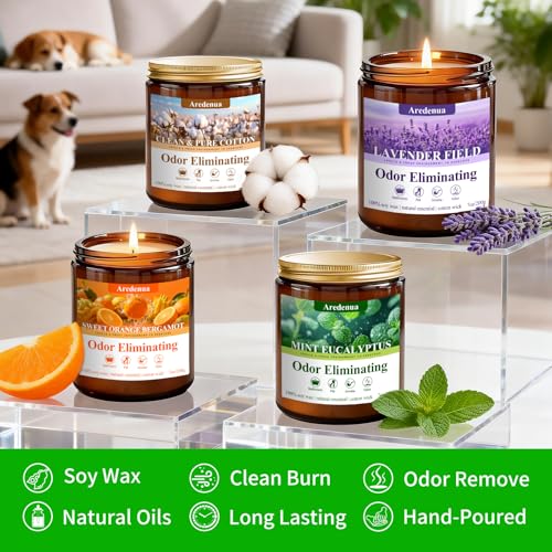 Image of 4 Pack Odor Eliminating Candles Set - Eliminates 95% of Pet, Smoke, Food, and Other Smells Quickly - Air Freshing Scent of Lavender /Orange /Mint /Cotton - 28oz Soy Candles for Home Scented, 200 Hours