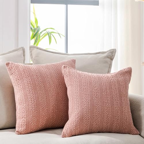 Image of 18x18 Throw Pillow Covers Set of 2 Boho Decorative Pillow Shams Stone Washed Cotton Pillowcase Waffle Square for Couch Sofa Chair Bed Car,Coral Pink