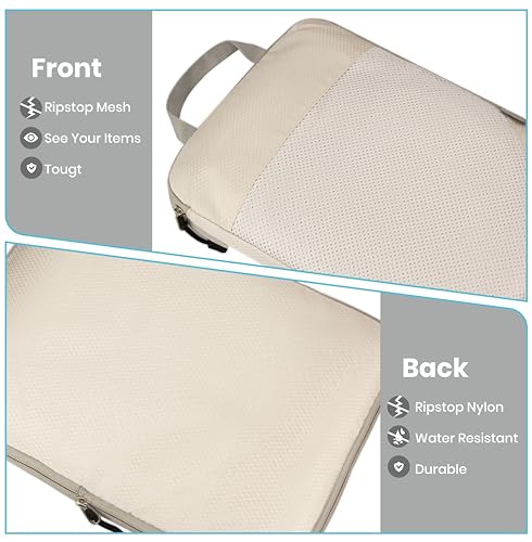 Compression Packing Cubes for Travel, Set of 6 Expandable Luggage Organizers with White Mesh, Lightweight Polyester Oxford Suitcase Essentials for Carry-on & Checked Luggage, Apricot - Image 5