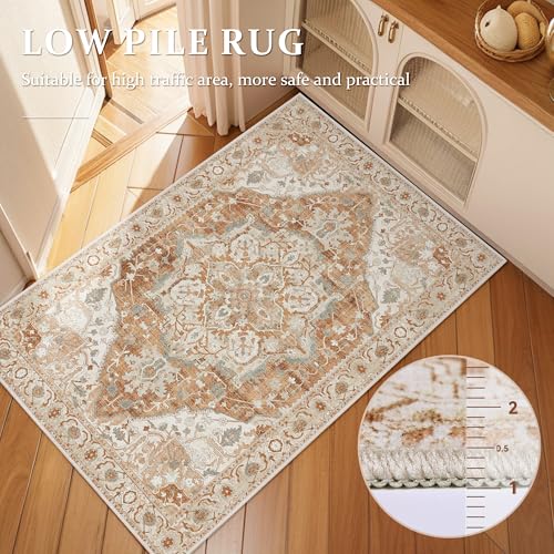 2x3 Small Entryway Doormat 2x3 Front Door Rug Indoor Entrance Kitchen Bathroom Carpet Farmhouse Non Slip Washable Low Pile Floor Carpet, Caramel/Beige/Multi