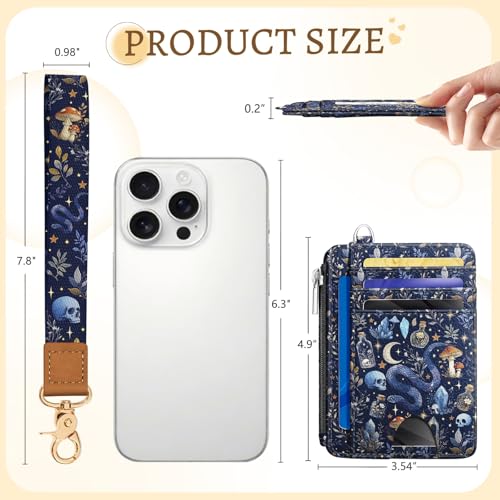 Image of Kelvoris Goth Mushroom Slim Wallet Women Credit Card Holder, Small RFID | Keychain, Zipper Coin Pocket, Front Pocket Thin Travel Card Case, Minimalist, 6 Card Slots, 1 ID Window, Ladies Gifts Woman