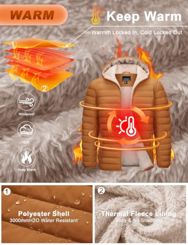 Image of Cotrasen Mens Puffer Jacket Sherpa Lined Water Resistant Hooded Full Zip Mid-Weight Warm Insulated Winter Coat