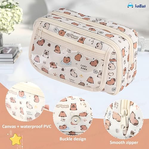 Image of FunBlast Large Capacity Capybara Pencil Pouch for Kids, Multipurpose Pouch | 3 Compartment Pencil Case with Transparent Front Pocket | Zipper Stationery Organizer for School, College & Office