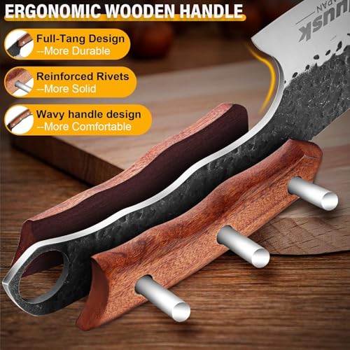 Huusk Butcher Knife for Meat Cutting, Meat Cleaver Heavy Duty with Sheath, Hand Forged Cooking Knives with Full Tang handle for Kitchen or BBQ, Christmas Gift for Men and Women