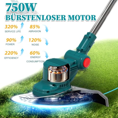 Rasentrimmer mit Akku 21V, 4 in 1 Akku Rasentrimmer für Makita Akkus, Rasentrimmer mit Unkrautbürste, Freischneider & Motorsense inkl.TAP-N'-GO Fadenkopf, 2 X 4.0Ah Akkus, 750W Bürstenloser Motor 4