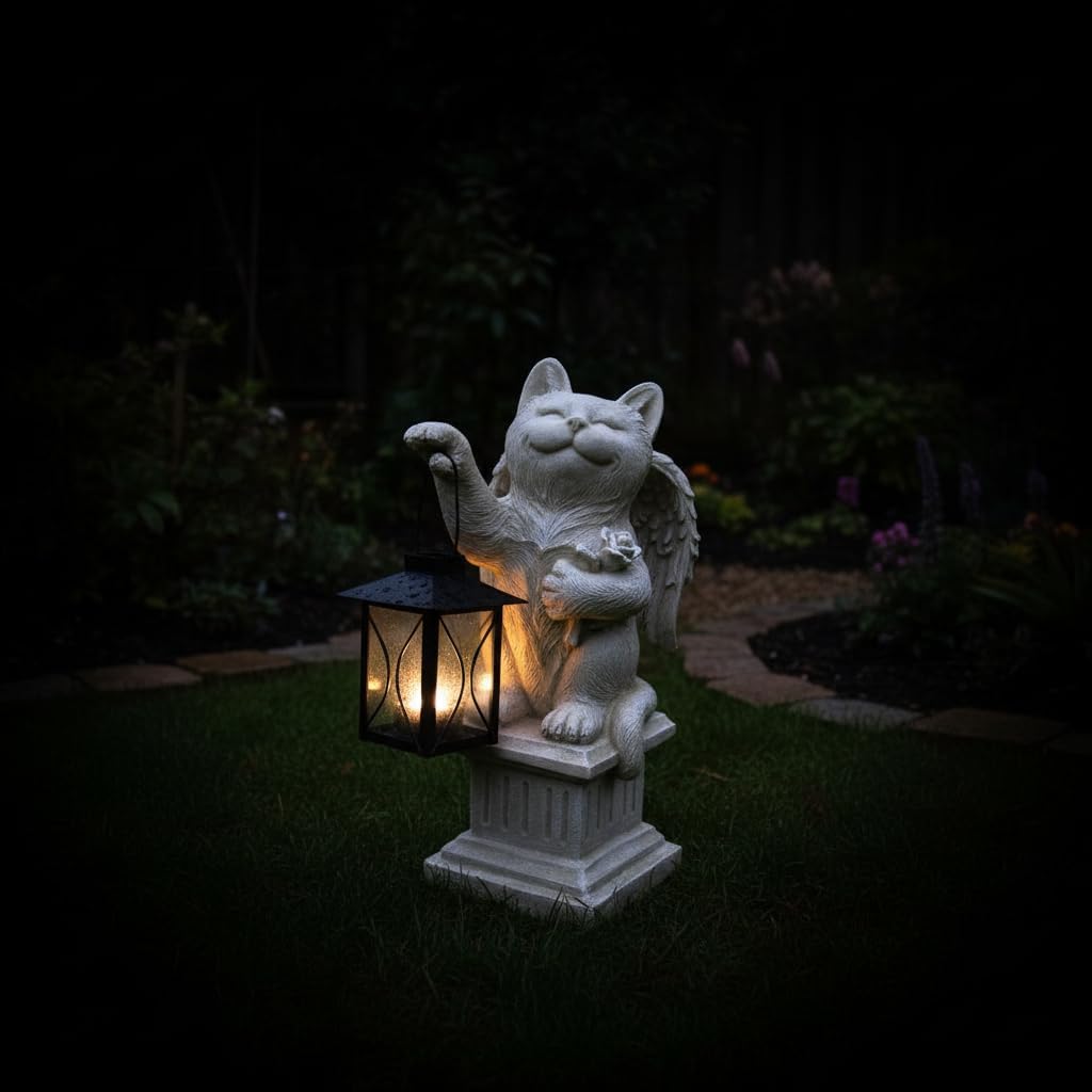 Comfy Hour 12.6" Cat Angel Memorial Statue with Lantern, Rustic Antique Vintage Figurine for Home Decor, Resin Pet Remembrance Sculpture for Outdoor Garden, Light Gray