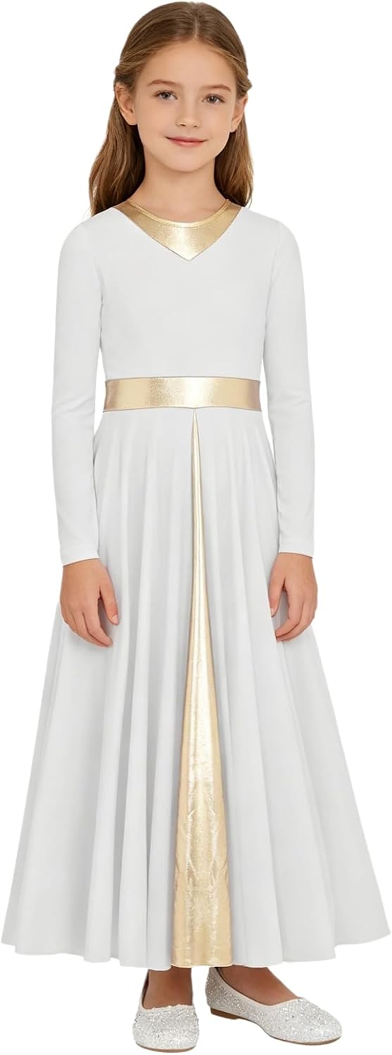 XUNZOO Girls Liturgical Worship Dance Dress Long Sleeve Full Length Praise Church Robe for Choir Performance