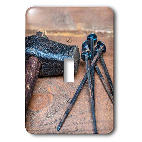 3dRose Alexis Photography - Objects Tools - Vintage metal hammer and metal nails on a grunge wooden table - single toggle switch (lsp_308485_1)