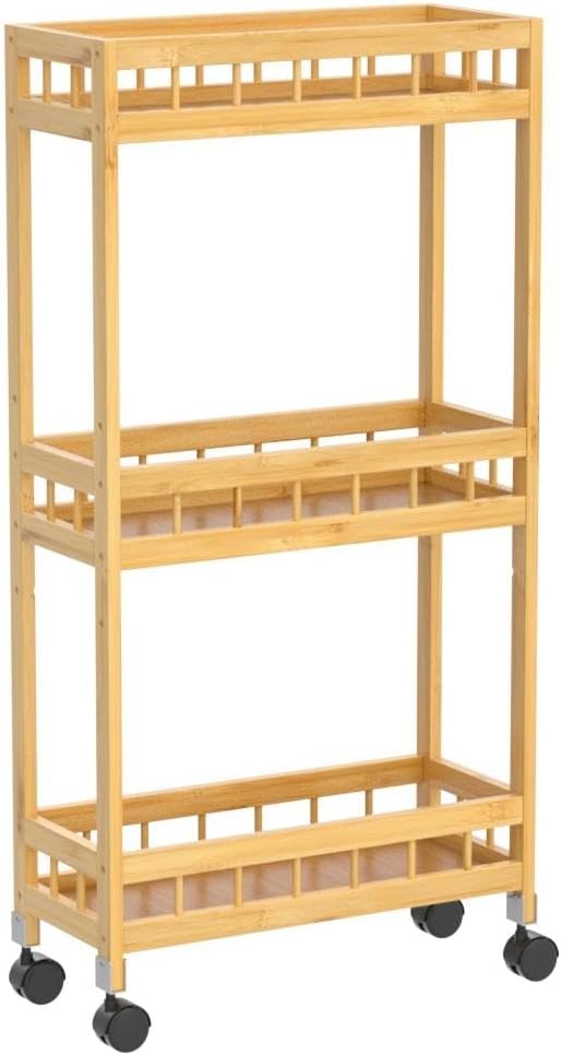 Bamboo Storage Cart - 3-Tier Wood Narrow Kitchen Cart with Adjustable Shelf Height and Wheels for Bar, Pantry, Bathroom, Laundry Room, Living Room
