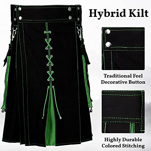 Hybrid Kilts for Men Sport Kilt Traditional Highland 100% Cotton Jeans (Belly Button Measurements 42, Black & Green)2