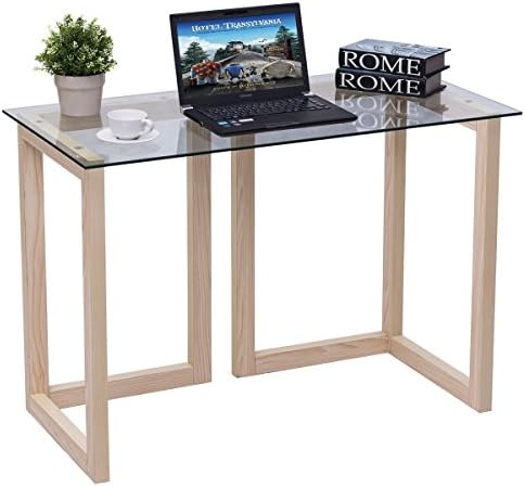 44" Tempered Glass Top Console Desk Sofa Accent Table Wood Entryway Furniture