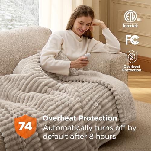 Image of Bedsure Heated Blanket Full Size - Thick Striped Fast Heating Electric Blanket with Preheat Function, 6 Heat & 6 Timer (Up to 10H), 8H Auto Off, ETL Certified, Gift for Grandma (72 inchx84 inch, Linen)