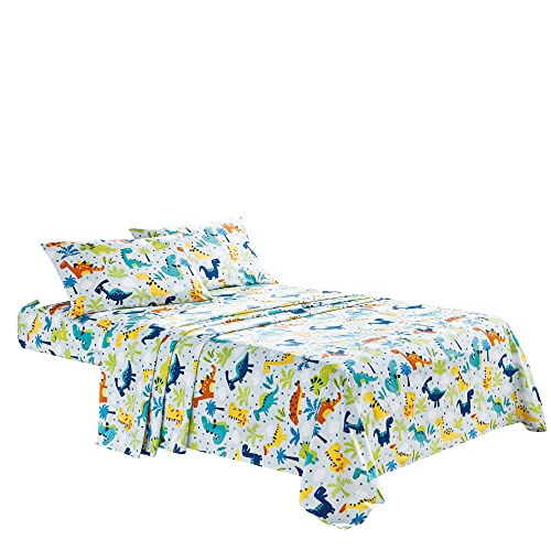Chezmoi Collection Juego de sábanas de dinosaurios para niños y adolescentes de microfibra suave azul bebé multicolor impreso dinosaurios divertidos niños sábanas, tamaño completo Cover