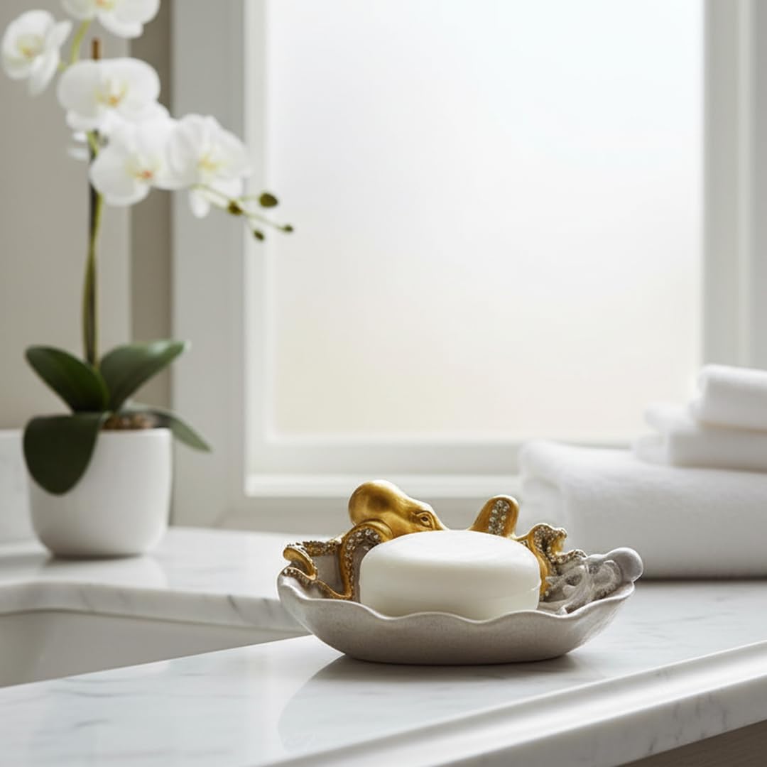5-inch Octopus Soap Dish - Loyal Gold Resin Bathroom Decor with Mother & Baby Design, Cast Iron Inspired Coastal Organizer