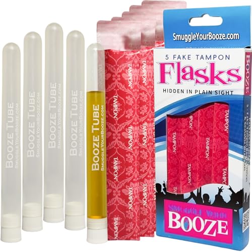 5 Fake Hidden Tampon Flask Set by Smuggle Your Booze | Reusable Secret Plastic Tube Containers for Women | Leak-Proof Portable Holder for Concerts, Festivals, Cruises Travel | BPA-Free Design