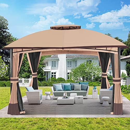 10’x 12’ Outdoor Gazebo, Double Roof Patio Gazebo with Netting and Curtains, Metal Frame Outdoor Patio Gazebo for Deck Backyard Garden Lawns(Khaki)