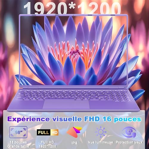 Ordinateur Portable Gaming 16 Pouces 12+512 Go SSD Soutien Extension 1TB (HDD-2TB) 4 cœurs Celeron N5095 (jusqu'à 2,9 GHz)1920x1200 PC Portable Gamer,Laptop avec Écran 2K 2.4+5G WiFi Mini HDMI-Violet – Image 6