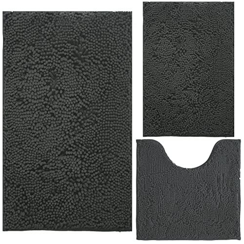 Image of BOANKODU Bathroom Rugs Chenille Bath Mat Set 3-Piece Bath Rugs for Bathroom Extra Soft Bath Mats for Bathroom Non Slip Absorbent Shag Machine Washable, Strong PVC Underside (Grey)