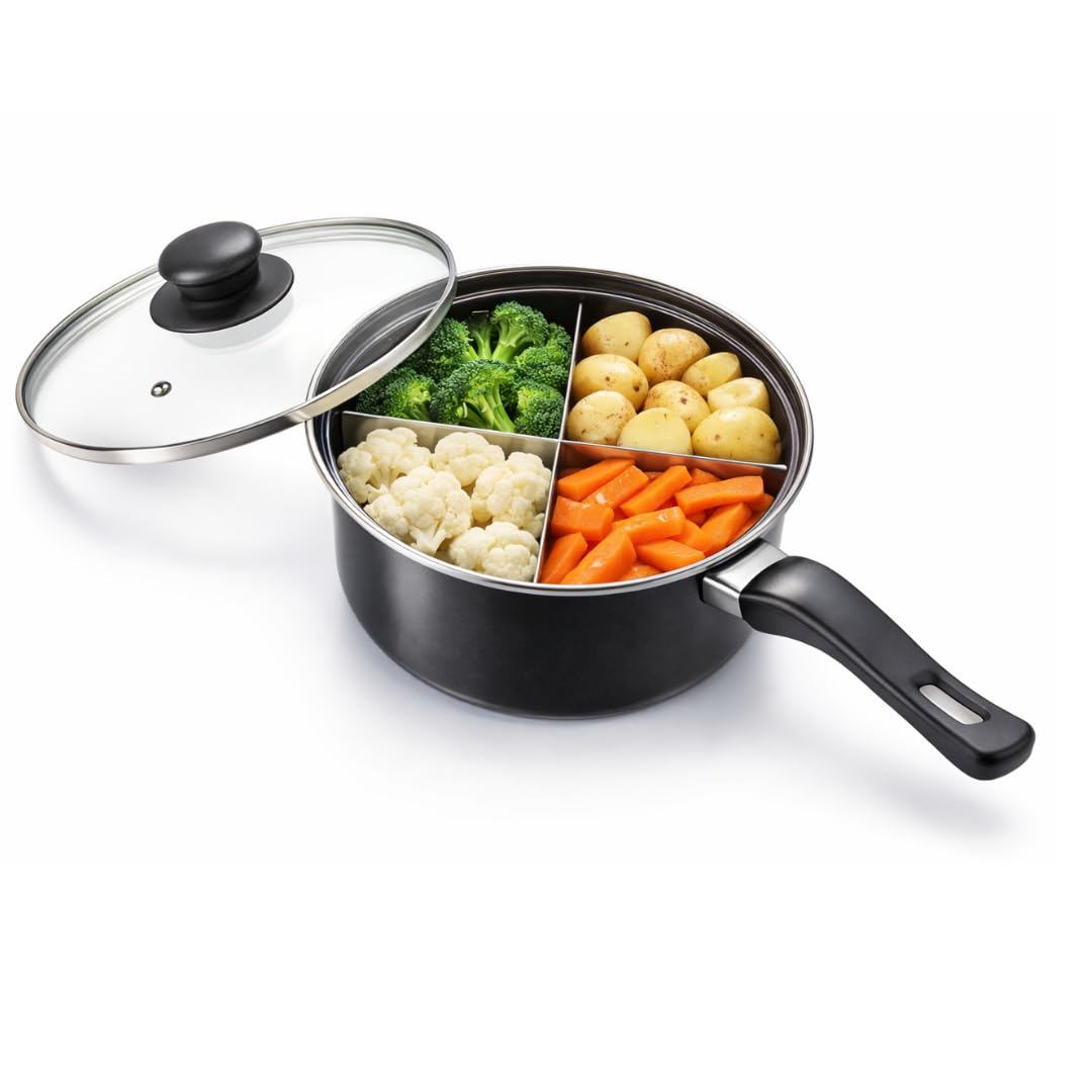 4-in-1 Divided Saucepan with Removable Divider, 2 Litre Non-Stick Pan, 20cm Diameter with Glass Lid, Multi-Section Cooking Pan