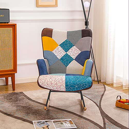 Laverntard Modern Rocking Accent Chair, Tufted Upholstered Rocking Chair For Nursery, Comfy Wingback Glider Rocker With Wood Legs And Patchwork Cotton Linen For Living Room Bedroom Balcony #TOP1