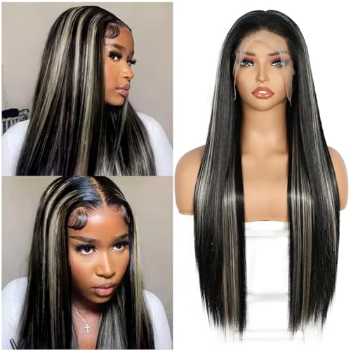 Sapphirewigs 13x6 Highlight Black Straight Lace Front Wigs Long Straight Wig for Women Highlight White Lace Front Synthetic Hair 150% Density Party Daily Wear Heat Resistant 26inch