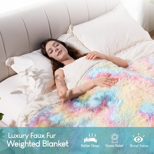 Image of Cottonblue Weighted Blanket 15lbs Queen Size, Soft Faux Fur Sherpa Blanket, Reversible Fluffy Fleece Reverse Blankets, Warm and Cozy Rainbow Throw Decorative for Bedroom Sofa Floor, 60 inchx80 inch