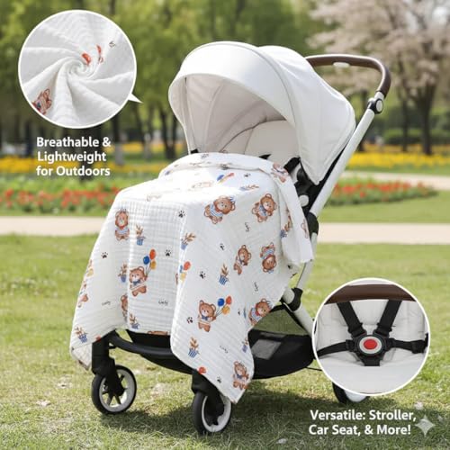 Image of Kassy Pop Muslin Cotton Bath Towel Cum Baby Swaddler | Extra Soft Towels for Newborn 0 to 3 Years l 100% Organic Cotton wash Towel | 105 X 105 cm (Teddy Ballon Print)