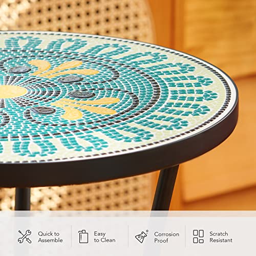 Vonluce Patio Side Table And Plant Stand, 21" End Table With 14" Ceramic Tile Top For Porch Garden Decor, Indoor And Outdoor Mosaic Table, Living Room Bedroom Balcony Furniture For Home Garden, French #TOP3