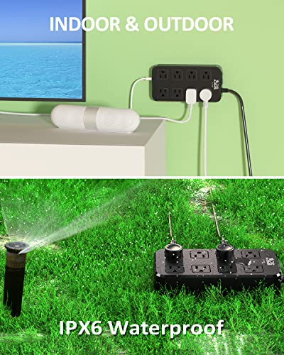 Image of QIYUAN IPX6 Waterproof Outdoor Power Strip, Overload Protector with 8 Outlets & 3 USB Ports (2A1C), 10FT Flat Plug Extension Cord for Garden Patio - Fireproof ABS, Black